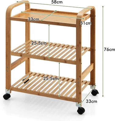Візок для подачі бамбука COSTWAY на колесах, 3 полиці та ручки, знімні колеса, 58x33x76 см, для кухні/ванної кімнати