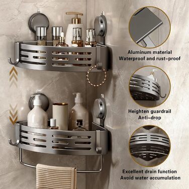 Полка для душу Voldra без свердління, кутова полиця для ванної кімнати з присосками, металева полиця для душу з тримачем для рушників (2 шт., сірий)