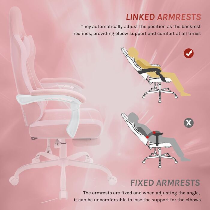 Ігровий крісло WOLTU з масажем, комп'ютерне ергономічне крісло, кишенькові пружинні подушки, масаж попереку, підголовник, підніжка, поворотне крісло, 150 кг, сітчаста тканина, Рожевий+Білий