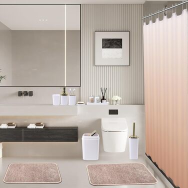 Комплекти аксесуарів для ванної кімнати, 9 предметів: сміттєвий бак, лоток для косметики, дозатор мила, мильниця, стакан для зубної щітки, щітка для унітазу, тримач для ватних паличок (білий та золотий), комплект для ванної + штора для душу + килимок для 