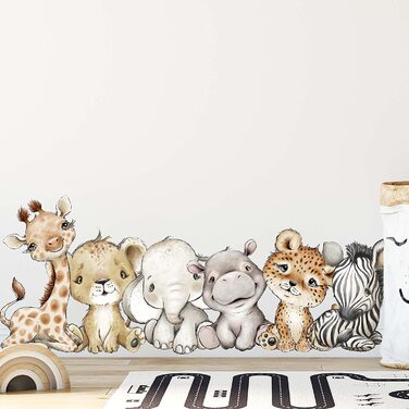 Настінна наклейка на стіну для дітей, тварин, Африки, Сафарі, дитяча кімната, V351 намальована від руки / наклейка для дитячої / наклейка на стіну, джунглі з левом, слоном, жирафом, бегемотом, зеброю ,тигром (40 х 40 см)