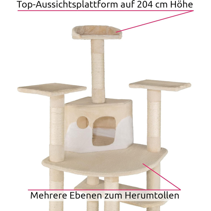Кігтеточка для кішок tectake XXL для котів, з аксесуарами, 2 котячі печери, висота до стелі, бежевий/білий