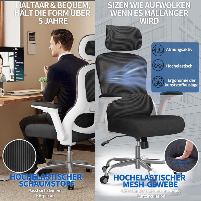 Офісне крісло TRALT Ergonomiczne - ігрове крісло з регульованою підголівником та підтримкою попереку, для дому та офісу, комп'ютерне крісло для великих людей, сітчасте крісло, 150 кг (білий, чорний)