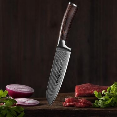 Японський ніж Santoku Wakoli EDIB з дамаської сталі (серцевина VG10), 17 см – гострий ніж для кухні та приготування їжі, преміум якість, з дерев'яною ручкою Pakkaholz, подарункова коробка з гравіюванням логотипу