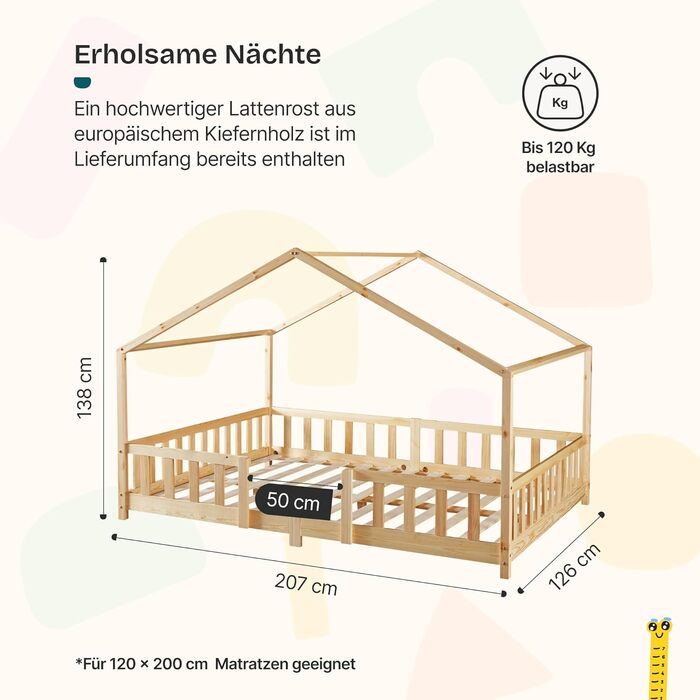 Дитяче ліжко Treviolo з захистом від падіння, 120x200 см, з ламелями, з сосни, колір дерева, Montessori