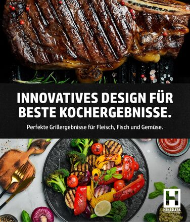 Сковорода-гриль HENSSELERS® з чавуну [26 см] для всіх типів плит та духовок, включаючи газові та індукційні плити. Антипригарна сковорода для стейків. Чотирикутна чавунна сковорода для гриля