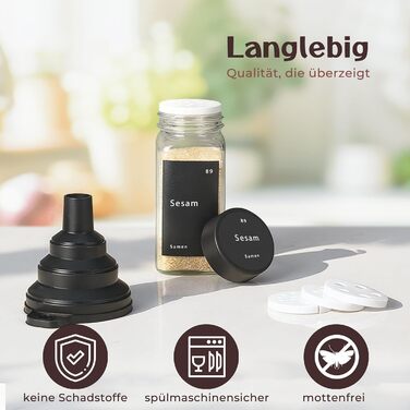 Набір баночок для спецій - 24 шт. з етикетками та бамбуковими кришками, 120 мл, з дозаторами та аксесуарами. Чорні кришки