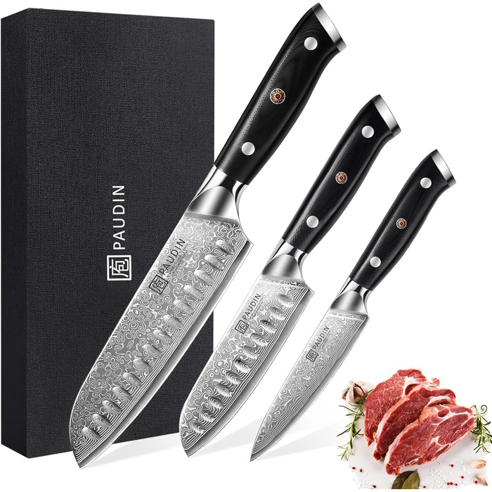Набір кухонних дамаскових ножів PAUDIN, 3 предмети, ультрагострий Santoku з 67-шарової дамаської сталі з японським VG10 ядром, ергономічна ручка G10