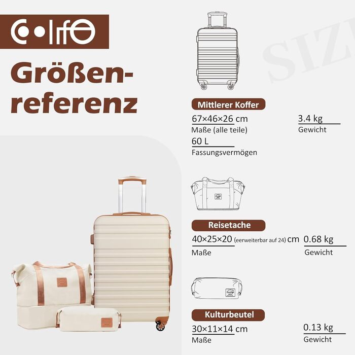 Набір валіз COOLIFE 3шт: велика, середня, маленька. ABS, TSA-замок, 4 колеса, 1 сумка для одягу, 1 косметичка. Білий/коричневий