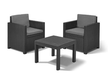 Набір меблів для балкона Allibert Victoria, графіт/cool grey, 3 шт., з подушками для сидіння та спинки, пластик, імітація ротангу, графіт/сірий