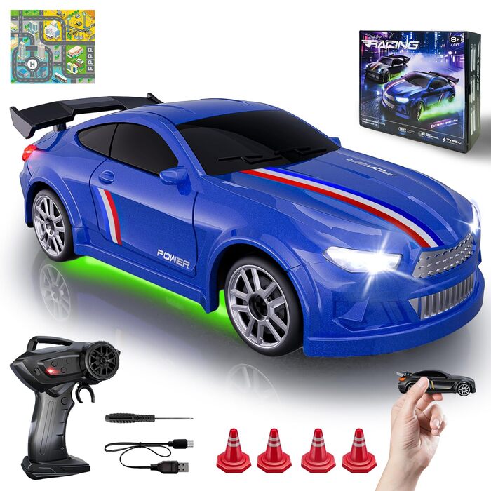 RC Дрифт-кар Mini Drift 1/64 з LED підсвіткою, 2 режими швидкості, 2.4GHz, блакитний – іграшка для дітей та дорослих, комплект з трасою та перешкодами