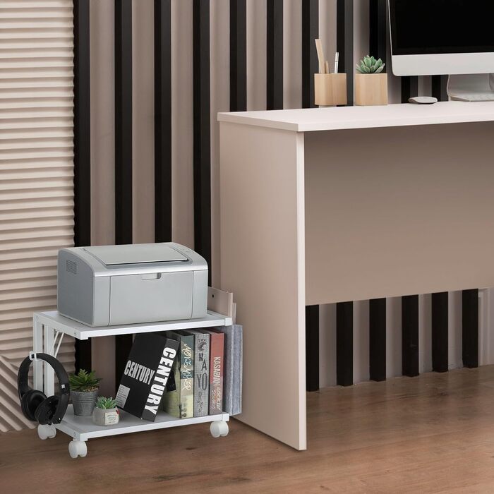 Друкерний стіл Shinoske з 2 рівнями, ролик з дерева та металу, 45x29x33 см. Підходить для принтера, сканера, факсу, офісу та дому