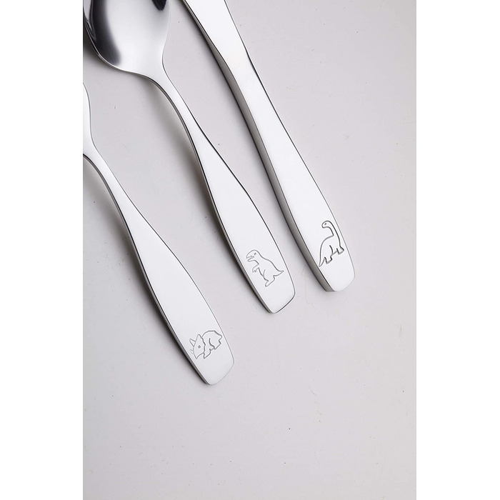 Дитячий набір столових приборів EXZACT Kinderbesteck 18 предметів з нержавіючої сталі - для дітей від 2 років - безпечні ножі, миючі в посудомийній машині, з гравіюванням (динозаври)