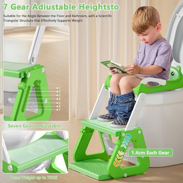 Дитяче сидіння на унітаз зі сходинками 2-в-1: з м'яким сидінням, регульована висота, складаний тренажер для привчання до туалету, нековзне покриття