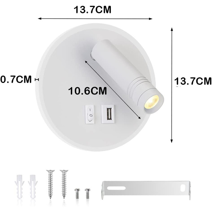 Світлодіодна настінна лампа для читання ERWEY, регульована настінна лампа для ліжка 3 Вт 4000 до 5 Вт 3000 до, настінна лампа з вимикачем і USB-портом для зарядки Ліжка, спальні, (близько 145 мм, білого кольору)