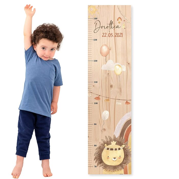 Дитяча планка в стилі бохо із зображенням лева і дерев'яним ім'ям для дитячої кімнати з милими мотивами вимірювальна планка