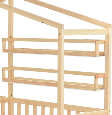 Ліжко Merax house з ящиками і полицями, дитяче ліжечко 90х200 см і 140х70см, ігрове ліжко з масиву дерева з огорожею і рейковою основою, L-подібна конструкція, для 2-х дитячих двоспальне ліжко, натуральне