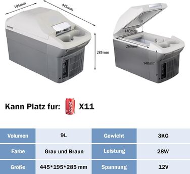 Автомобільний холодильник OKA хорошої якості 9 літрів з функцією збереження тепла, Електричний холодильний бокс 12 Вольт для кемпінгу, фестивалів, подорожей, Ремінь безпеки в автомобілі, Світло-сірий