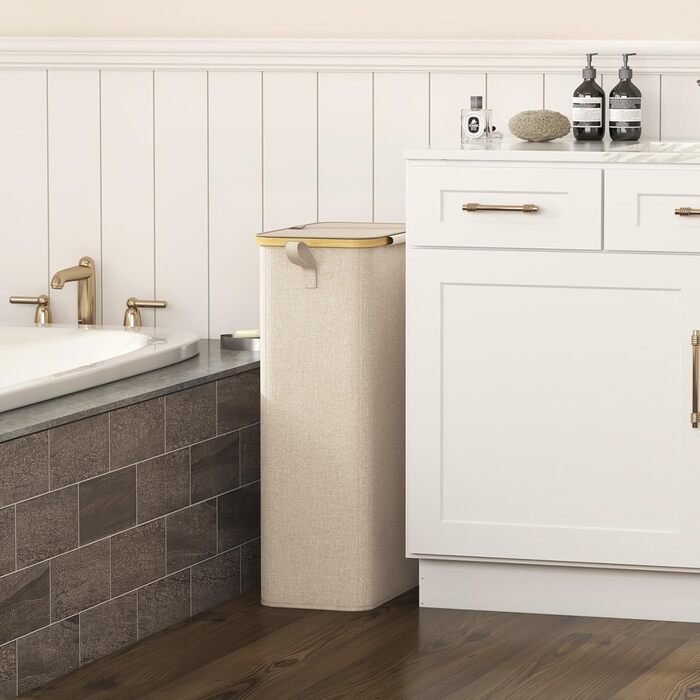 Кошик для білизни Lifewit з кришкою, вузький, складний, 75L, бамбук, з ручкою, для квартири, гуртожитку, кемпінгу (Бежевий)