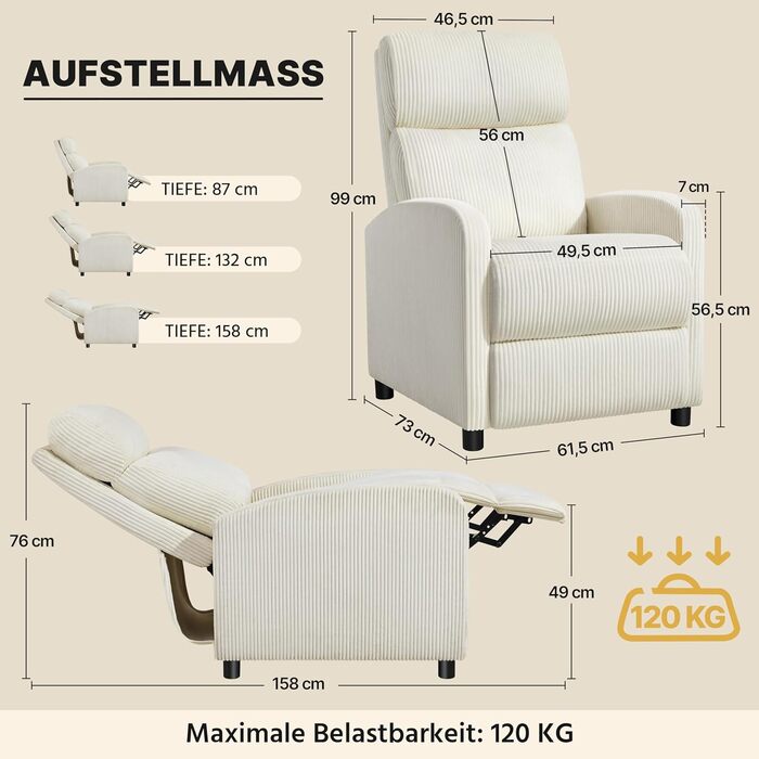 Крісло-релакс Yaheetech для телевізора, крісло-софа, крісло для відпочинку з регульованою підніжкою, лежак з бежевої тканини Cord