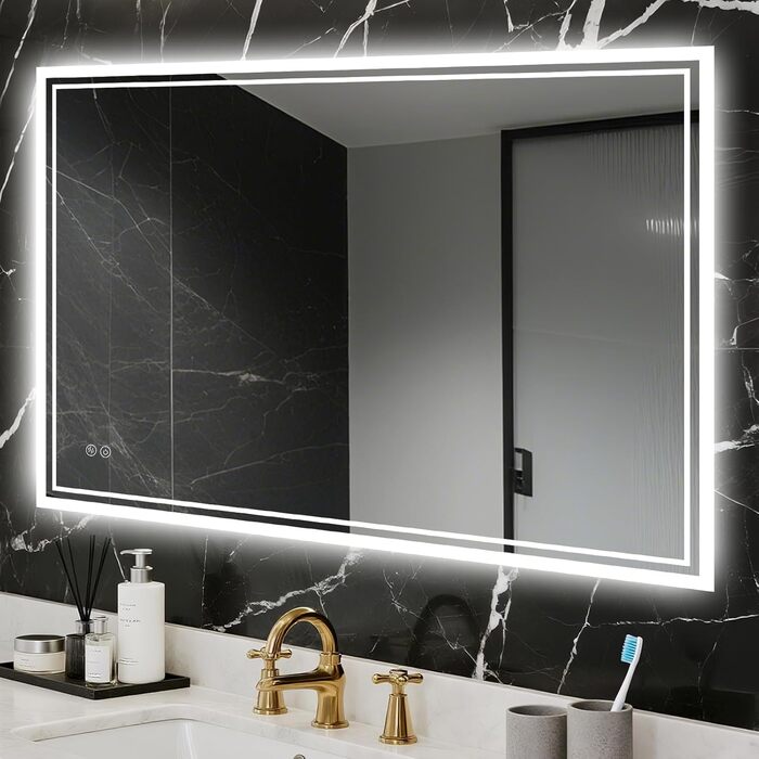 LED дзеркало для ванної кімнати з підсвічуванням 40 x 60 см – Antifog, 3 кольори, регулювання яскравості, подвійний сенсорний вимикач, пам'ять при відключенні електроенергії, монтаж на гачки, квадратна форма