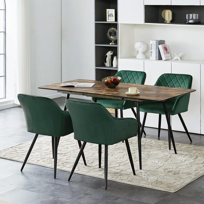 Крісла для їдальні CLIPOP, комплект 4 шт., обтягнуті оксамитом, з металевими ніжками, для вітальні, кухні, їдальні (4 шт., оксамит, зелений)