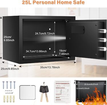 Вогнетривкий сейф Safe 25L з водонепроникним кишеньовим відділенням, цифровим замком, висувною полицею та сигналізацією. Підходить для зберігання грошей, ліків, коштовностей, документів формату A4.