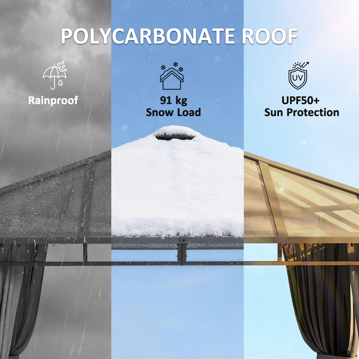 Павільйон для саду приблизно 3 x 3 м, металевий з дахом з полікарбонату товщиною 6 мм, 4 бічні панелі, захист від ультрафіолету UV50+, темно-сірий