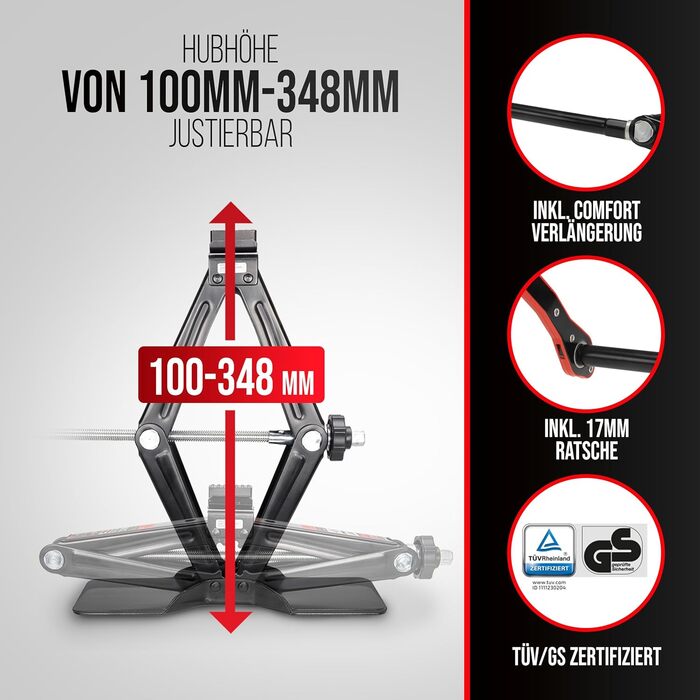 Гідравлічний домкрат Heyner 2т з чохлом, тріскачкою 17мм та гумовою накладкою (98-442мм) | Автомобільний домкрат-ножиці, сертифікат TÜV/GS