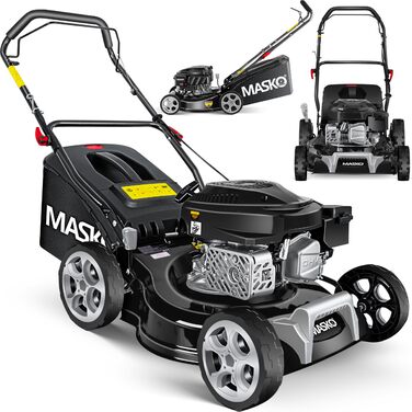 Бензиновий газонокосарка MASKO® 5in1 | Ширина косіння 51 см | 8 положень висоти | 4-тактний OHV двигун 6.0 PS | Об'єм кошика 65 л | В комплекті набір для мульчування та бічний викид (ширина 42 см, чорний/сірий)