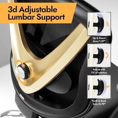 Ергономічне крісло для офісу та дому з 3D поперековою підтримкою та регульованими підлокітниками, біле (чорно-золоте)
