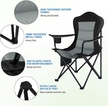 Крісло для кемпінгу WOLTU складне, легке складане крісло для вулиці, крісло для риболовлі, з бічною кишенею підстаканника, з можливістю завантаження до 150 кг, для кемпінгу Пляжний сад Тераса чорний темно-сірий