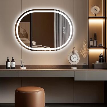 Дзеркало для ванної кімнати Trintion з підсвічуванням, овальне, 50x70 см, з годинником та сенсорним вимикачем, протизапотівальне, регульоване, 3 кольори світла (3500K-6500K)