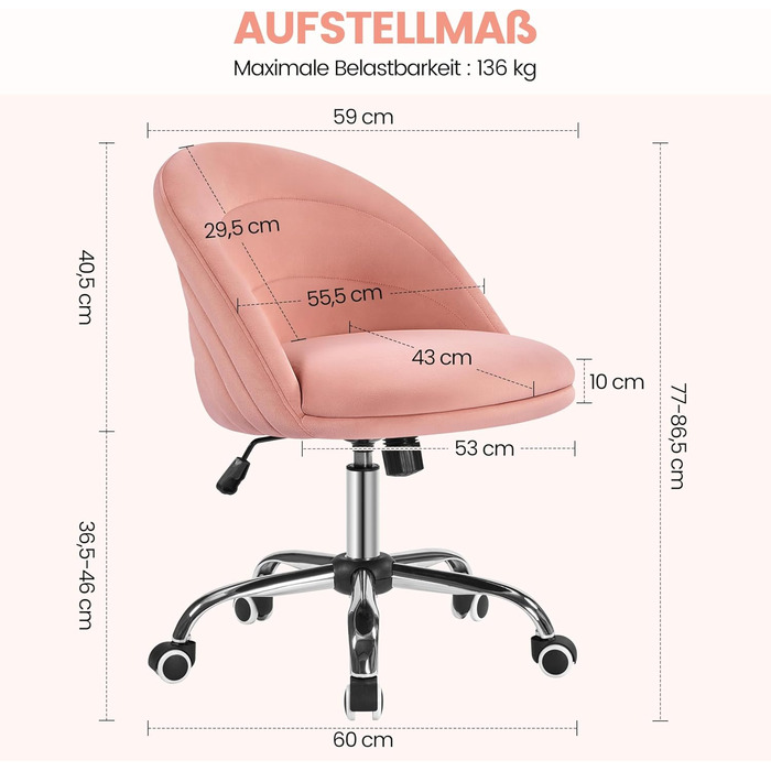 Крісло Yaheetech для дому та офісу: регульоване, обтягнуте велюром, з поворотним механізмом, до 136 кг, білий/рожевий