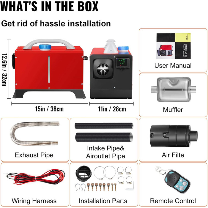 Автономний дизельний опалювач VEVOR 12V 8kW з LCD-дисплеєм, пультом дистанційного керування та Bluetooth, 10м, 0.16-0.52 л/год