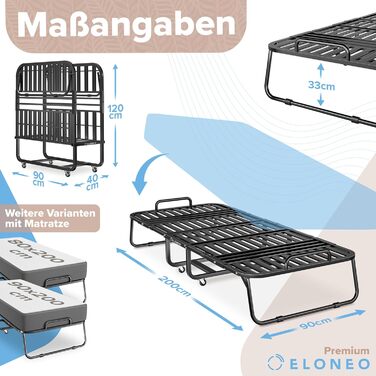 Розкладне ліжко ELONEO з преміум-матрацом (90x200 см), металевий каркас, витримує до 250 кг, з коліщатками та захисним чохлом