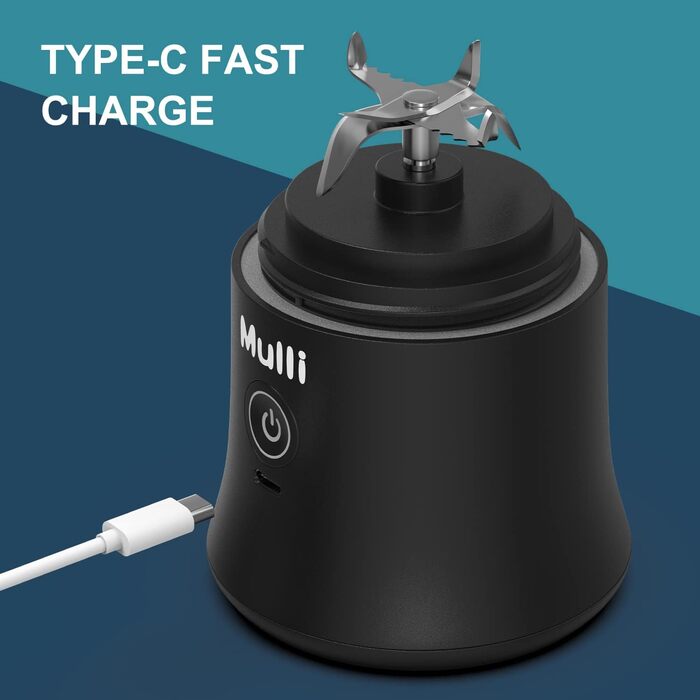 Портативний блендер Mulli USB-C, 600 мл, 6 лез, для смузі, коктейлів, дитячого харчування, подорожей (чорний)