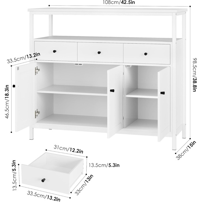 Білий комод-буфет FirFurd з 3 шухлядами та 3 дверцятами для кухні, вітальні, їдальні, 108x38x98,5 см, регульована полиця