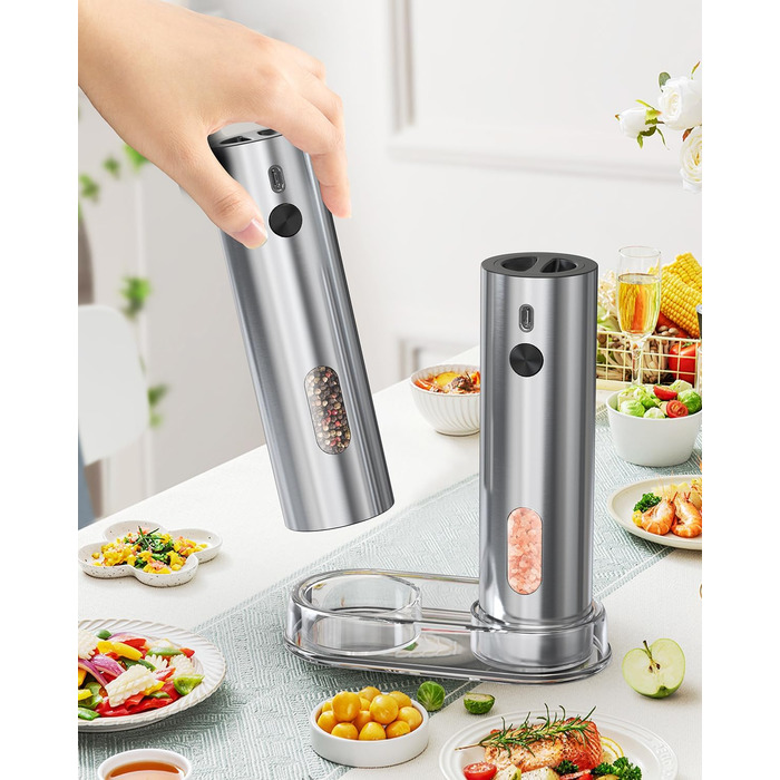 Електричні соляні та перечні млини CIRCLE JOY з підставкою, чорного кольору. Набір з нержавіючої сталі, регулювання помелу, LED-підсвічування, 110 мл, сріблястий