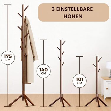 Дерев'яна вішалка для одягу Bayt - 175 см, 8 гачків, регульована висота, коричнева
