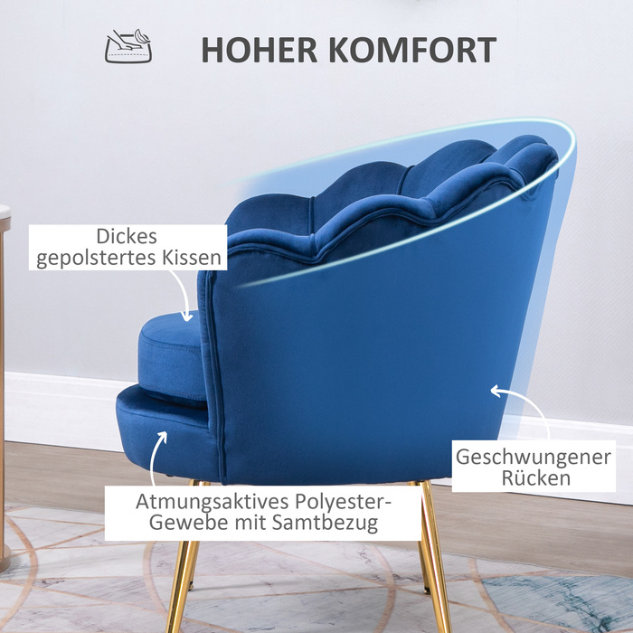 Крісло HOMCOM, крісло-шезлонг у формі мушлі з металевими ніжками, крісло для макіяжу з оксамитовою обшивкою, для спальні та вітальні, блакитне | Aosom