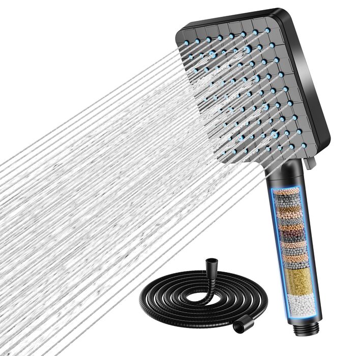 Фільтр для душу Cobbe з шлангом, високонапірна ручна лійка з 20-ступеневою фільтрацією, економна лійка з 6 режимами розпилення, дощова лійка для жорсткої води (чорний матовий)