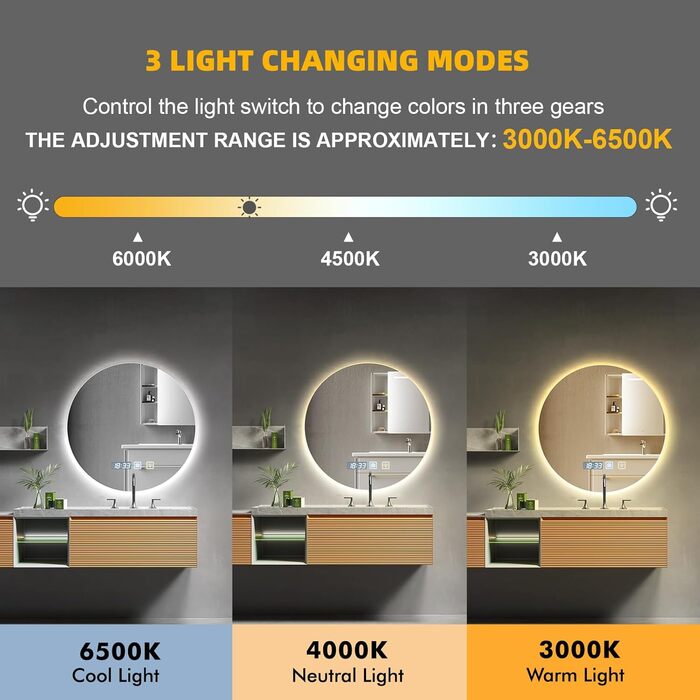 Дзеркало для ванної кімнати Sararoom з підсвічуванням, кругле LED дзеркало 600 мм, з підсвічуванням, 3 кольори світла, регулювання яскравості, запобігання запотіванню, кругле скло, функція пам'яті, 600 x 600 мм