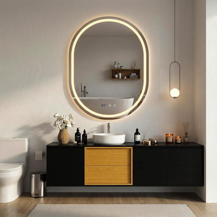 Дзеркало для ванної кімнати YU YUSING з підсвічуванням 80x60 см LED, 3 кольори світла, регулювання яскравості, антизапітніння, сенсорний вимикач, таймер, загартоване скло, IP44, овальне