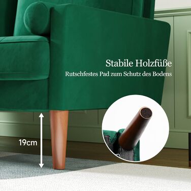 Диван Vesgantti, 2 місця, 121 см, сучасний дизайн, з 2 подушками, для вітальні/квартири/офісу (зелений, велюр)