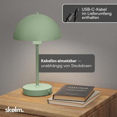 LED настільна лампа Skølm Aeriala: регульоване світло, USB-C зарядка, до 10 годин роботи, металева, тепле біле світло, енергоефективність G (м'ятно-зелена)
