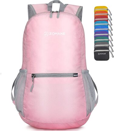 Надлегкий складаний рюкзак ZOMAKE об'ємом 20 л, невеликі рюкзаки, водонепроникний похідний рюкзак, що упаковується рюкзак для жінок і чоловіків, походів на відкритому повітрі (світло-рожевий)