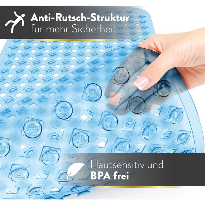 Килимок для ванни BAMONDO нековзний і чутливий до шкіри - 88x39 см - можна прати в пральній машині Без цвілі BPA Free - Протиковзкий килимок для ванни з присосками (88x39cm, синій прозорий)