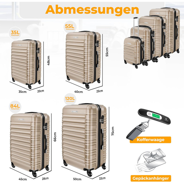 Набір валіз KESSER® з ABS-пластику (4 шт.): S, M, L, XL. З телескопічною ручкою, 4 колеса, ваги та жетон для багажу. Колір: шампань