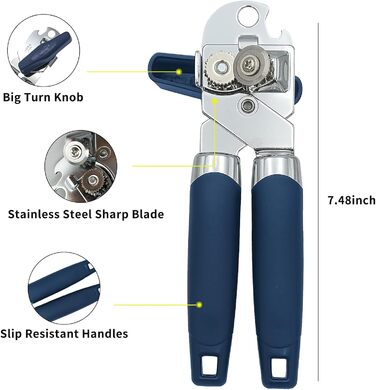 Відкривачка для консервів ручна, з нержавіючої сталі, з зручною ручкою, гостра клинка, гладка кромка, з функцією відкривання пляшок (Блакитна)